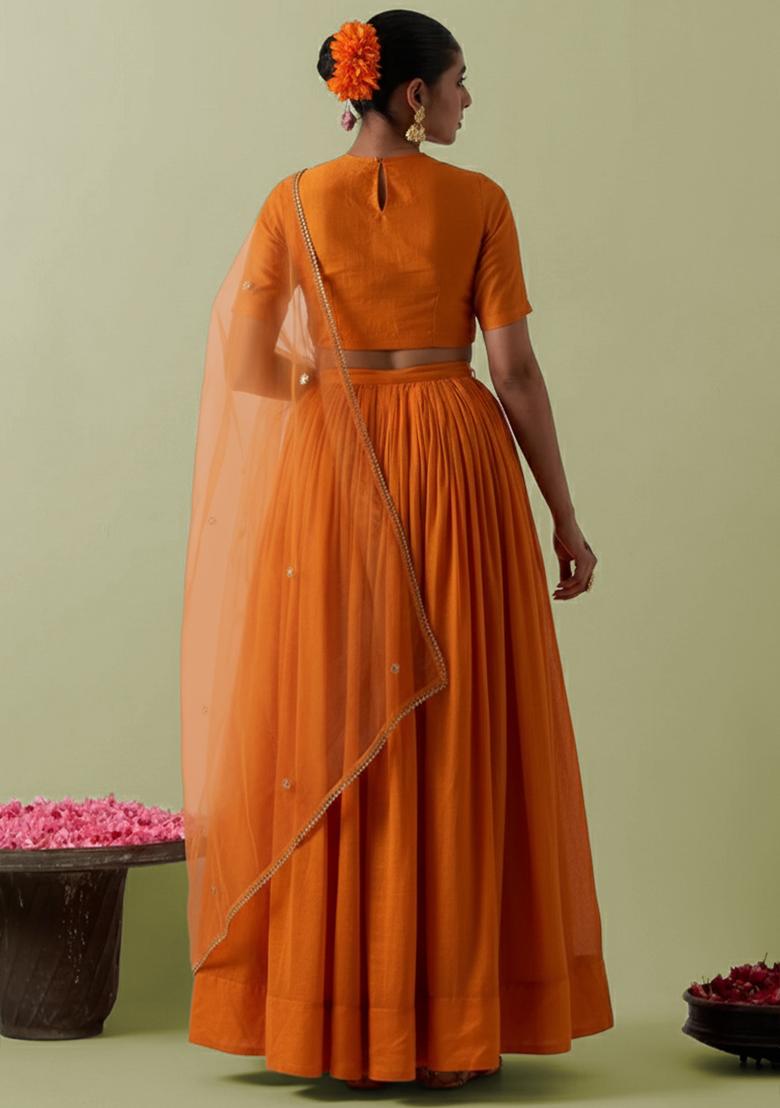 Orange Crepe Handwork Lehenga Set - Indya