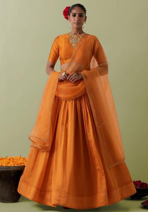 Orange Crepe Handwork Lehenga Set