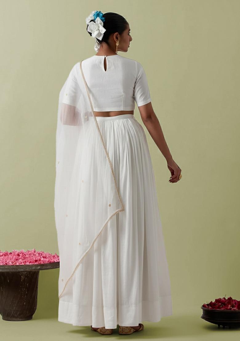 White Crepe Handwork Lehenga Set - Indya