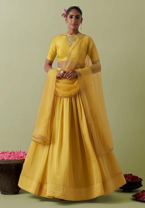 Yellow Crepe Handwork Lehenga Set