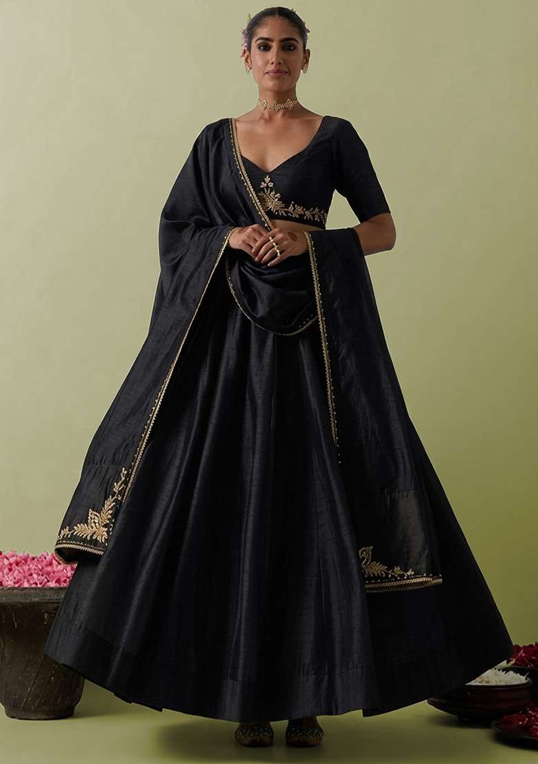 Black Silk Blend Handwork Lehenga Set - Indya