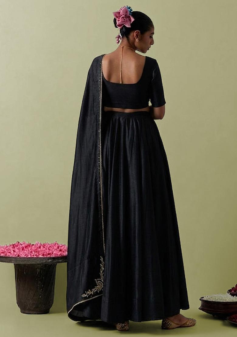 Black Silk Handwork Lehenga Set - Indya