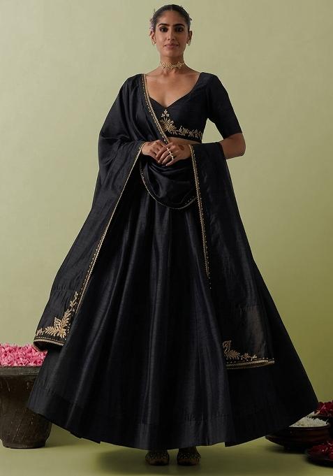 Black Silk Handwork Lehenga Set