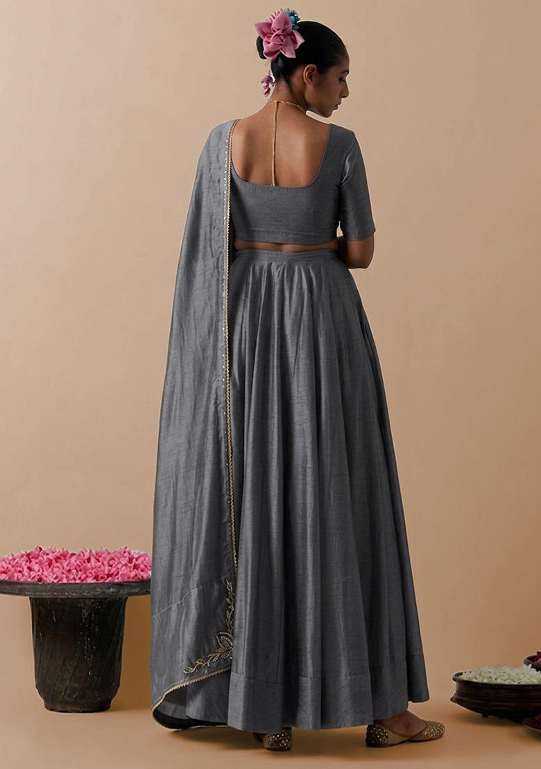 Grey Silk Handwork Lehenga Set - Indya