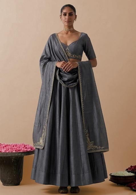 Grey Silk Handwork Lehenga Set