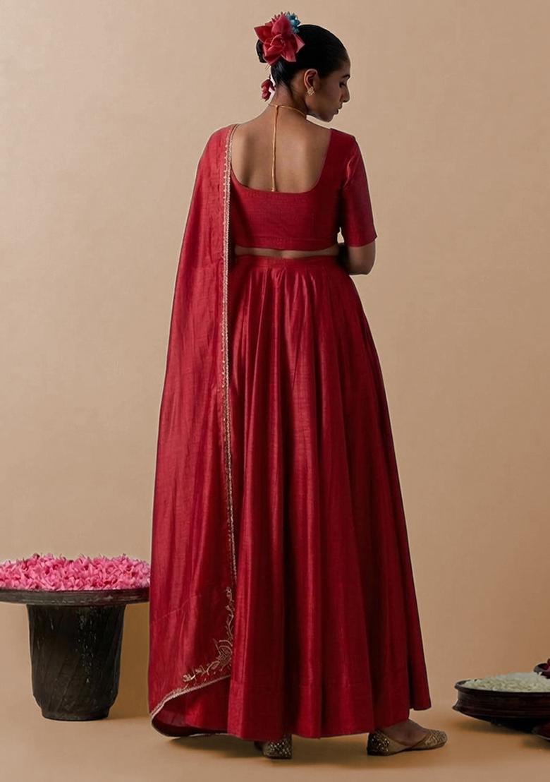Red Silk Handwork Lehenga Set - Indya
