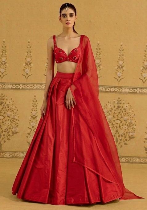 Red Silk Handwork Lehenga Set