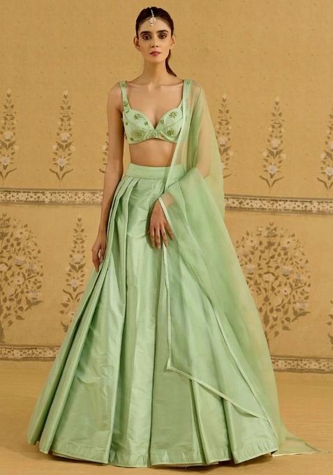 Sage Green Silk Handwork Lehenga Set