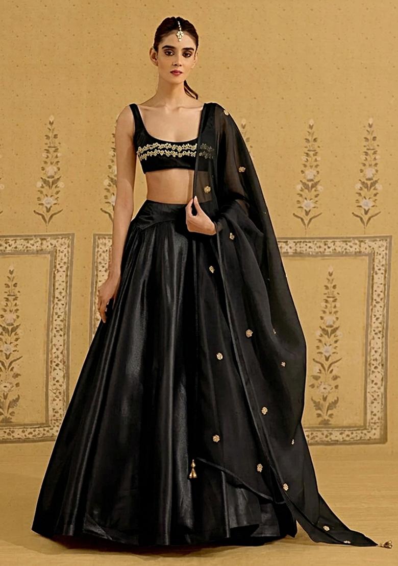 Black Satin Handwork Lehenga Set - Indya
