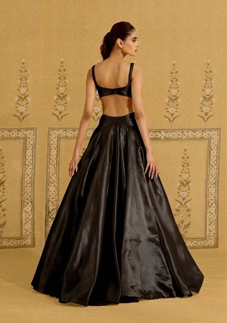 Black Satin Handwork Lehenga Set - Indya