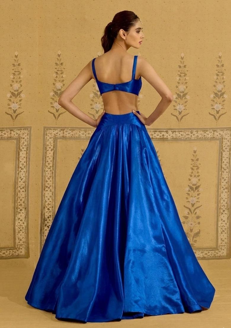 Royal Blue Satin Handwork Lehenga Set - Indya