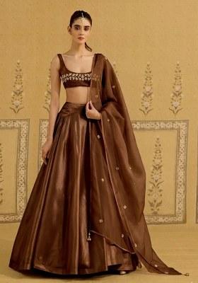 Brown Satin Handwork Lehenga Set