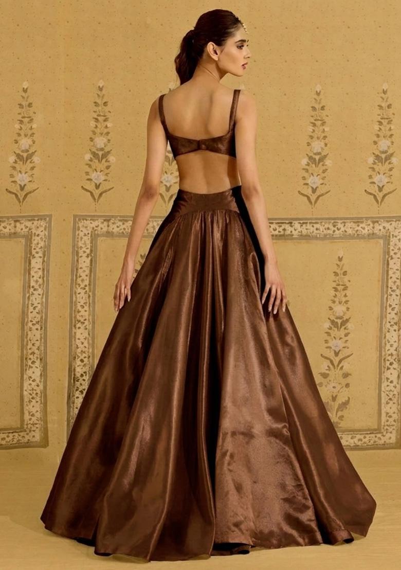 Brown Satin Handwork Lehenga Set - Indya