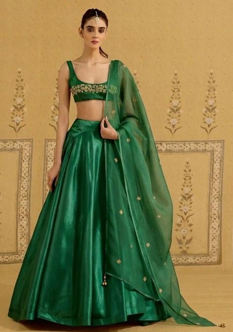 Green Satin Handwork Lehenga Set