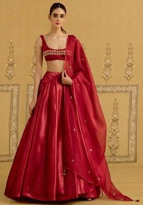 Red Satin Handwork Lehenga Set