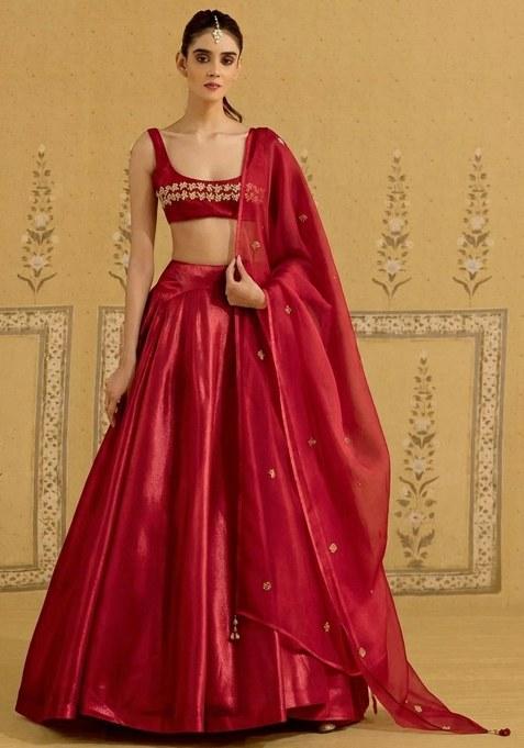 Red Satin Handwork Lehenga Set