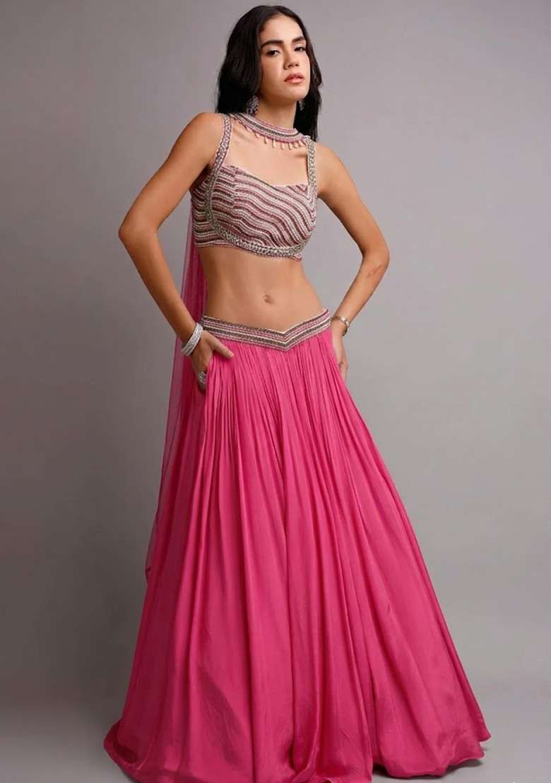 Rani Pink Crepe Handwork Lehenga Set - Indya