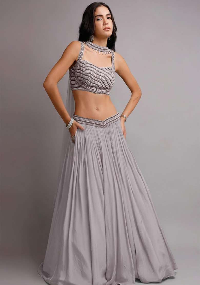 Grey Crepe Handwork Lehenga Set - Indya