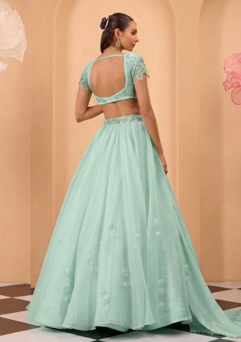 Light Blue Organza Handwork Lehenga Set - Indya