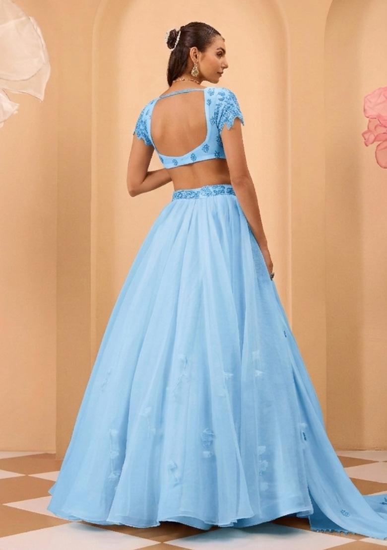 Blue Organza Handwork Lehenga Set - Indya