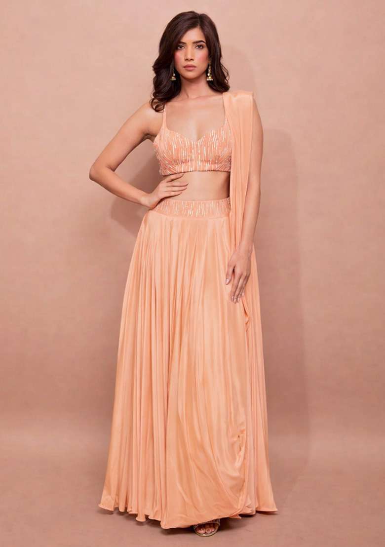 Peach Satin Handwork Lehenga Set - Indya