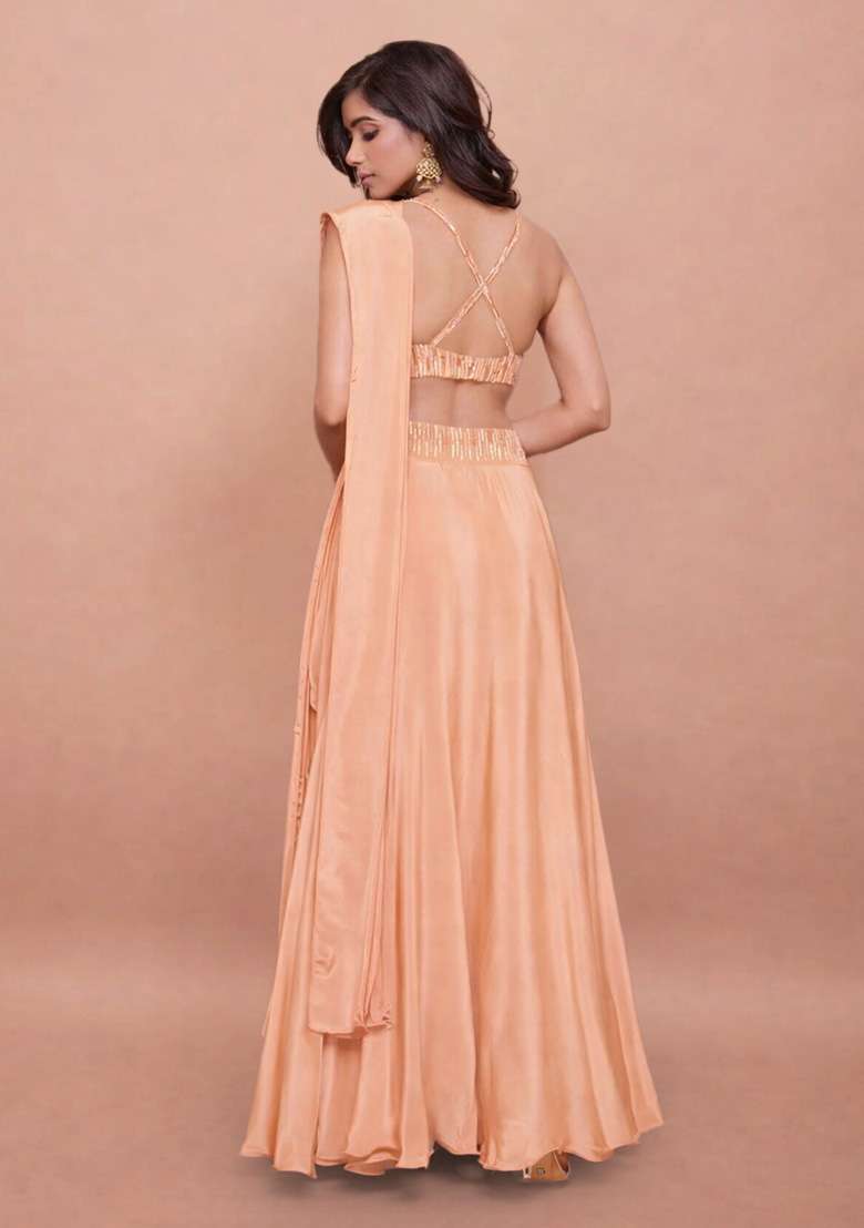 Peach Satin Handwork Lehenga Set - Indya