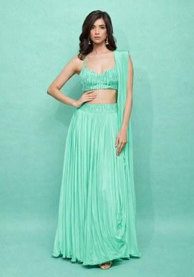 Turquoise Blue Satin Handwork Lehenga Set