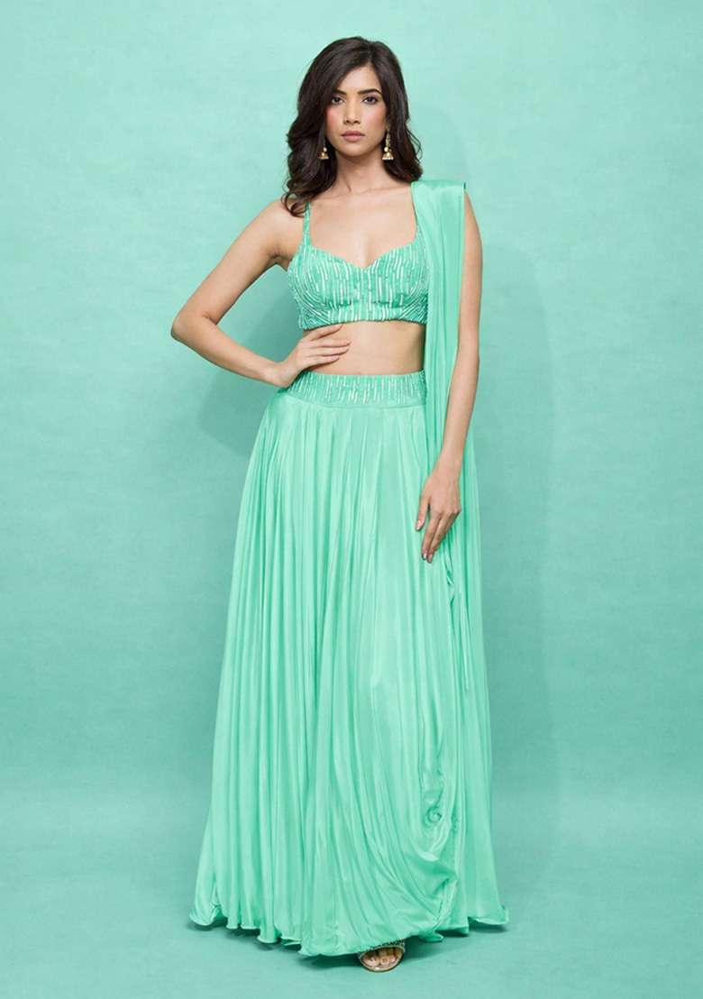 Turquoise Blue Satin Handwork Lehenga Set - Indya