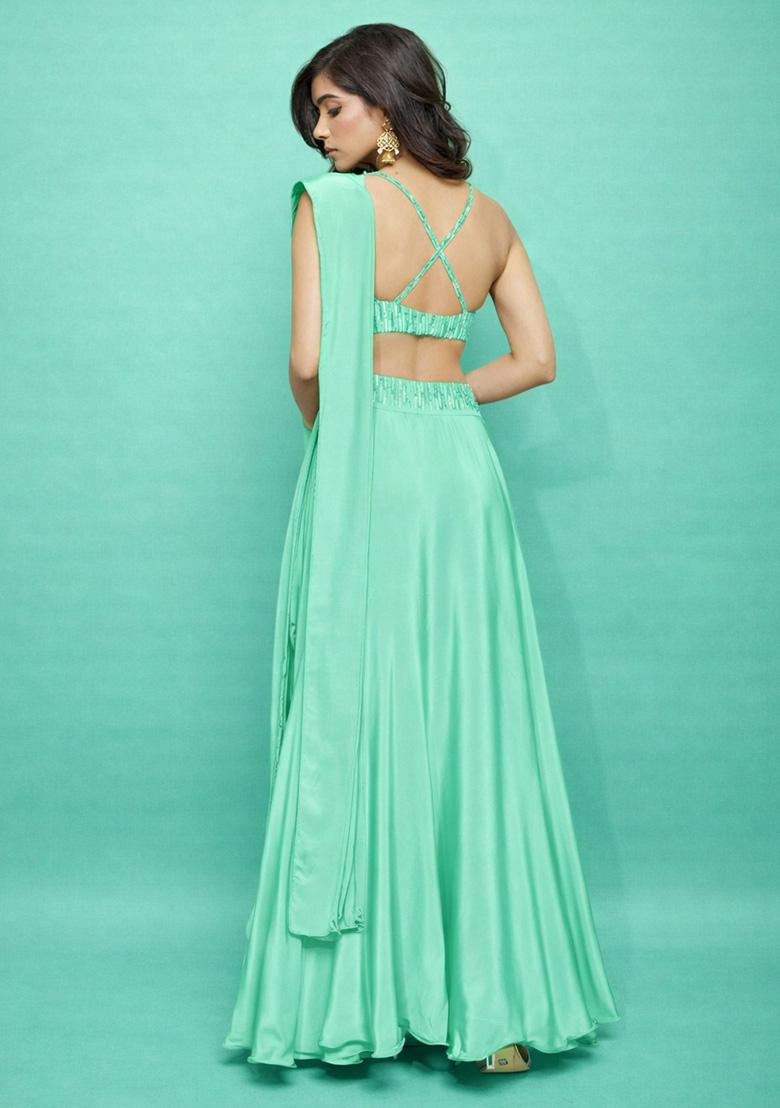 Turquoise Blue Satin Handwork Lehenga Set - Indya