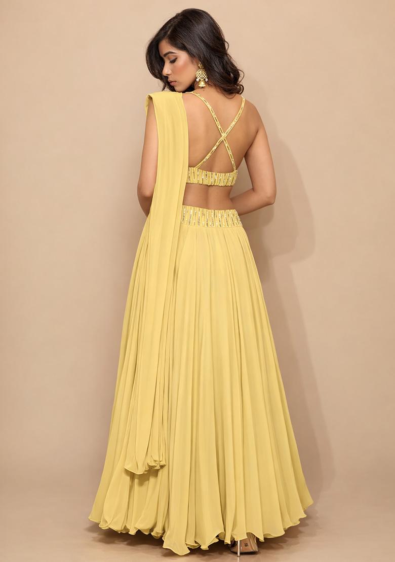 Yellow Satin Handwork Lehenga Set - Indya