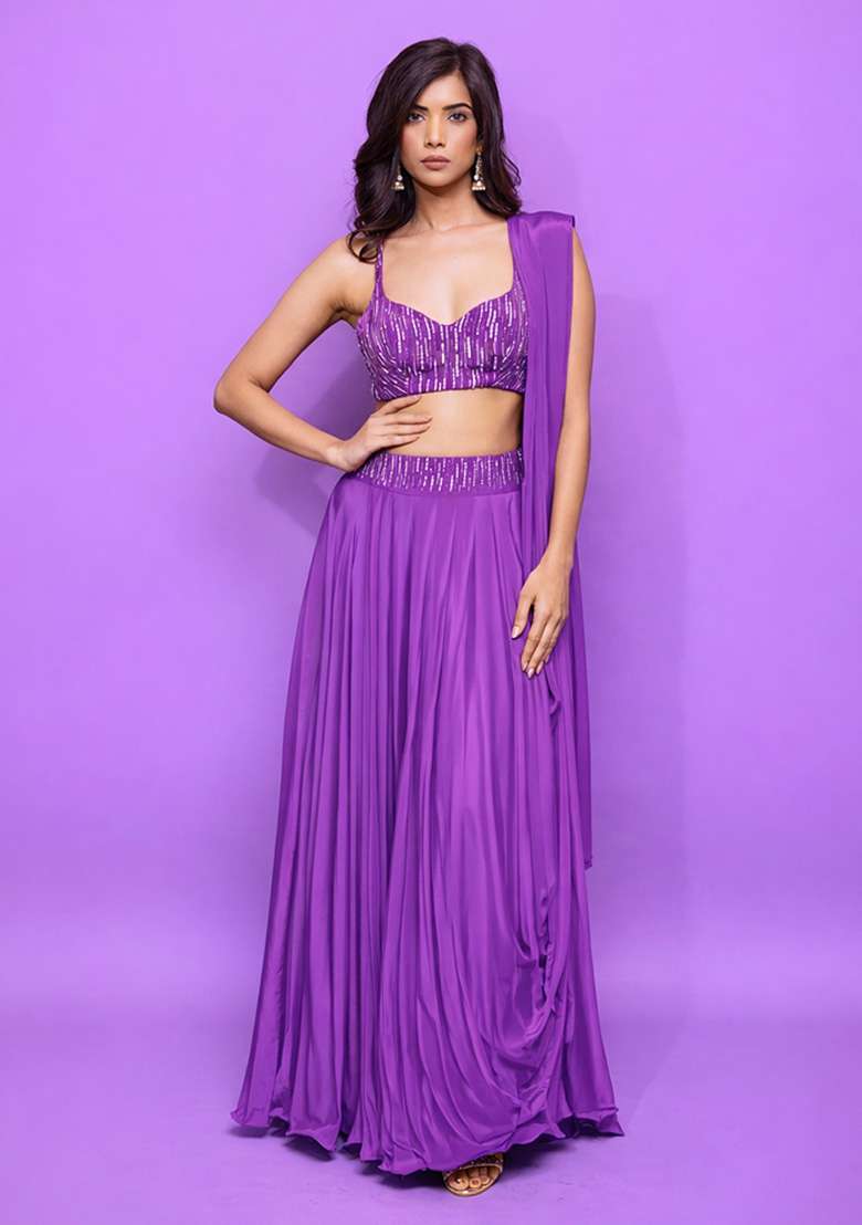 Purple Satin Handwork Lehenga Set - Indya
