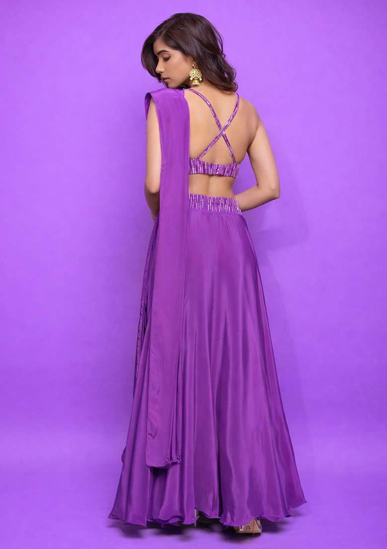Purple Satin Handwork Lehenga Set - Indya