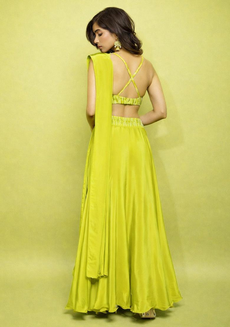 Lime Green Satin Handwork Lehenga Set - Indya