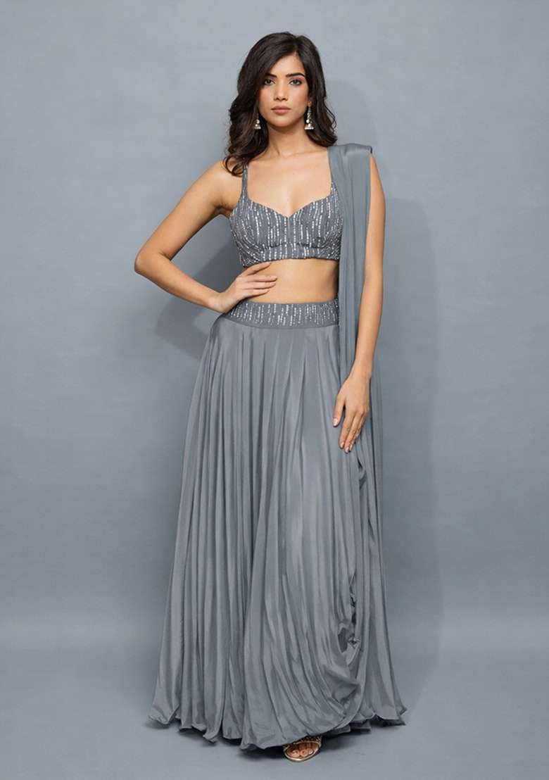 Grey Satin Handwork Lehenga Set - Indya