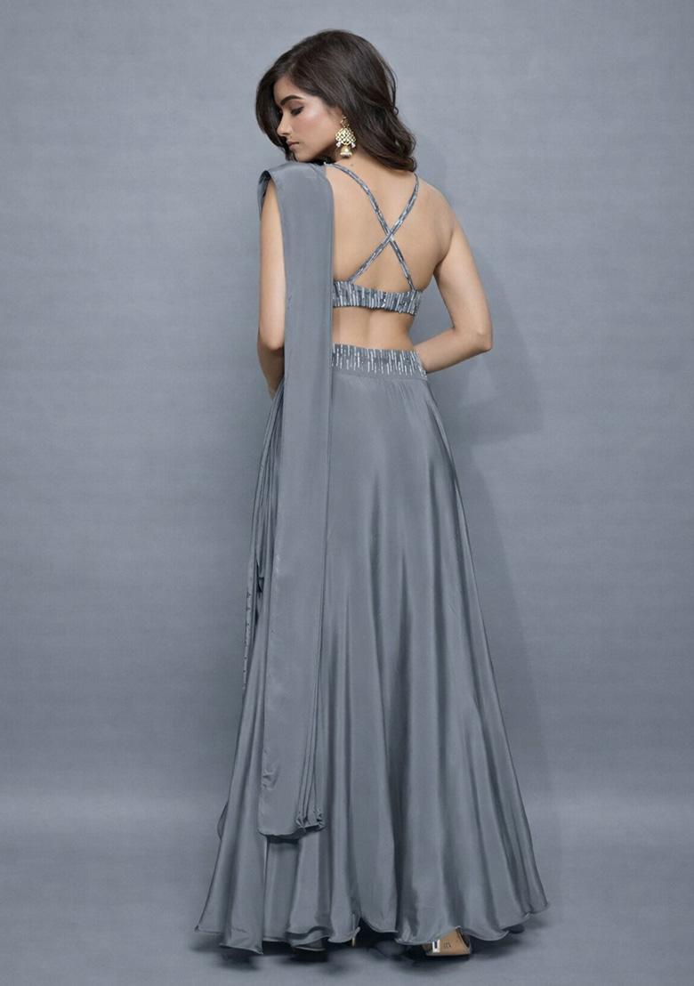 Grey Satin Handwork Lehenga Set - Indya
