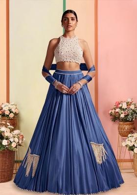Blue Handwork Satin Lehenga Set