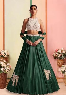 Bottle Green Handwork Satin Lehenga Set