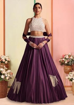 Purple Handwork Satin Lehenga Set