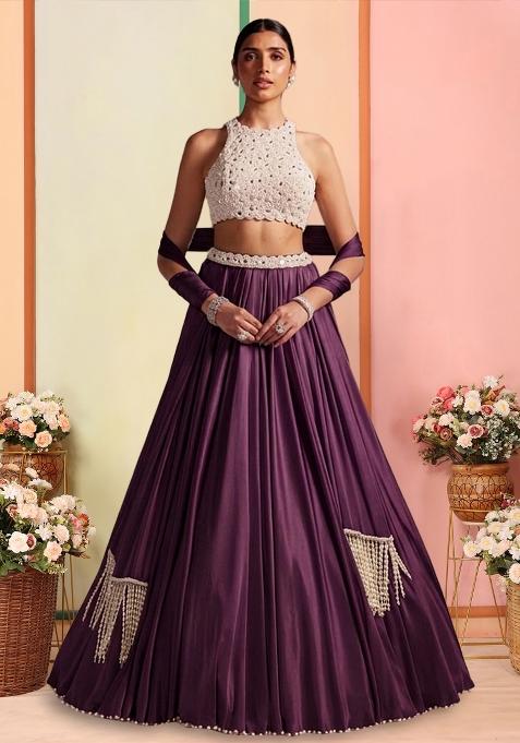 Purple Handwork Satin Lehenga Set