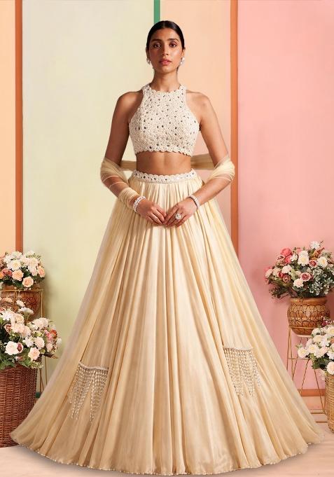 Cream Handwork Satin Lehenga Set