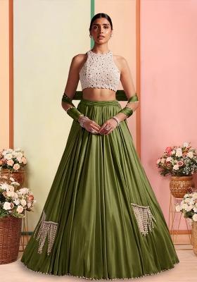 Olive Green Handwork Satin Lehenga Set
