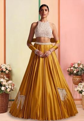 Mustard Handwork Satin Lehenga Set