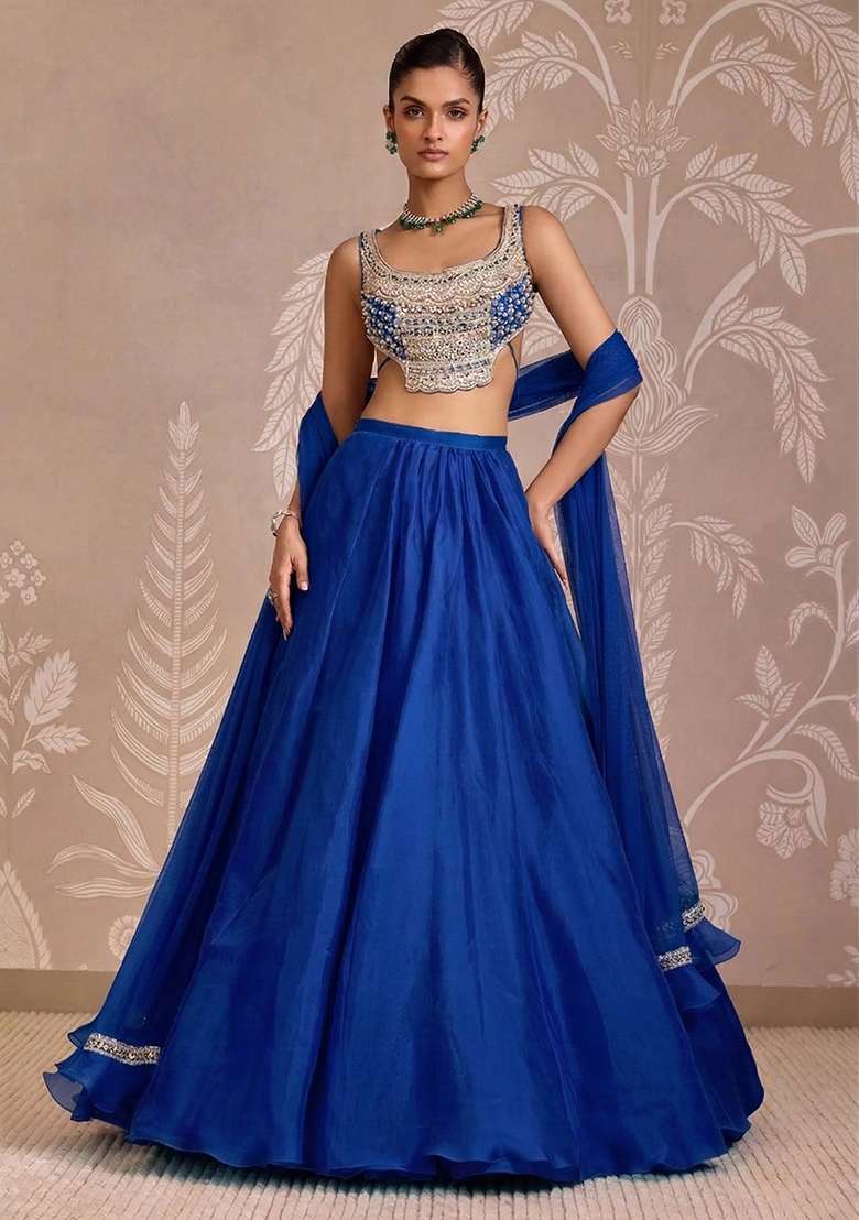 Royal Blue Organza Lehenga Set with Handwork for Diwali | Wedding & Festive Wear - Indya