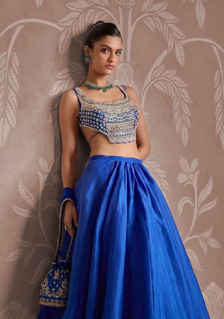 Royal Blue Organza Lehenga Set with Handwork for Diwali | Wedding & Festive Wear - Indya