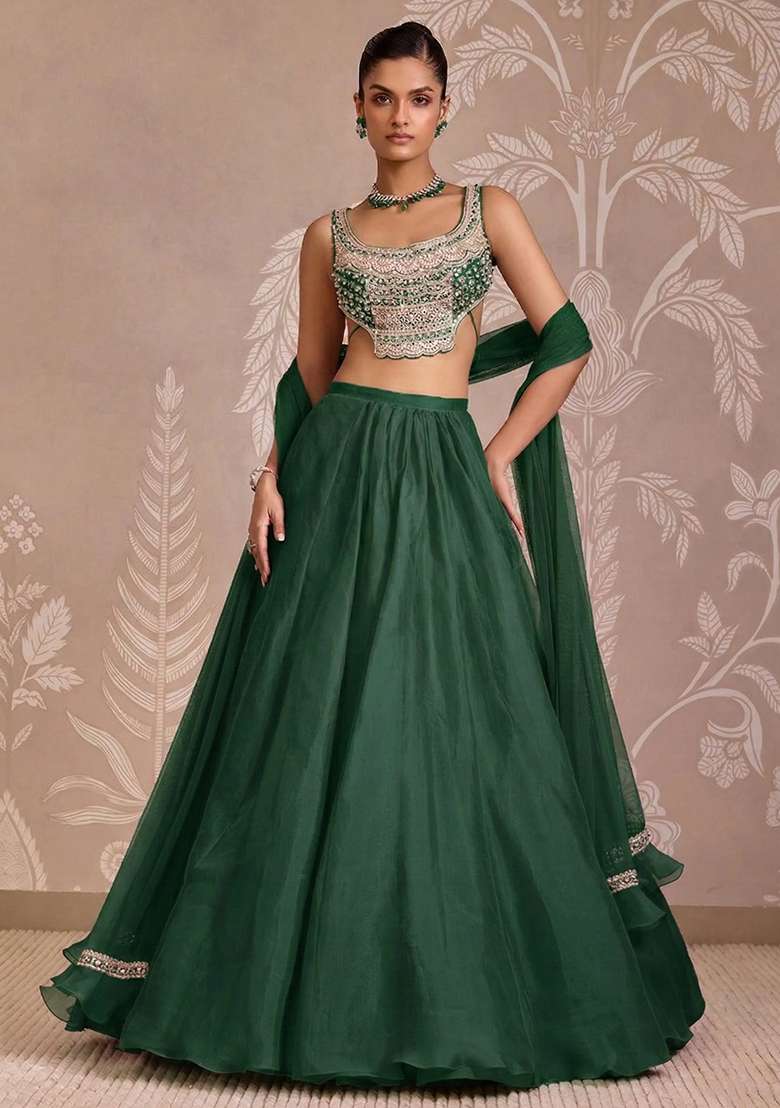 Emerald Green Handwork Organza Lehenga Set for Diwali and Festive Wear - Indya