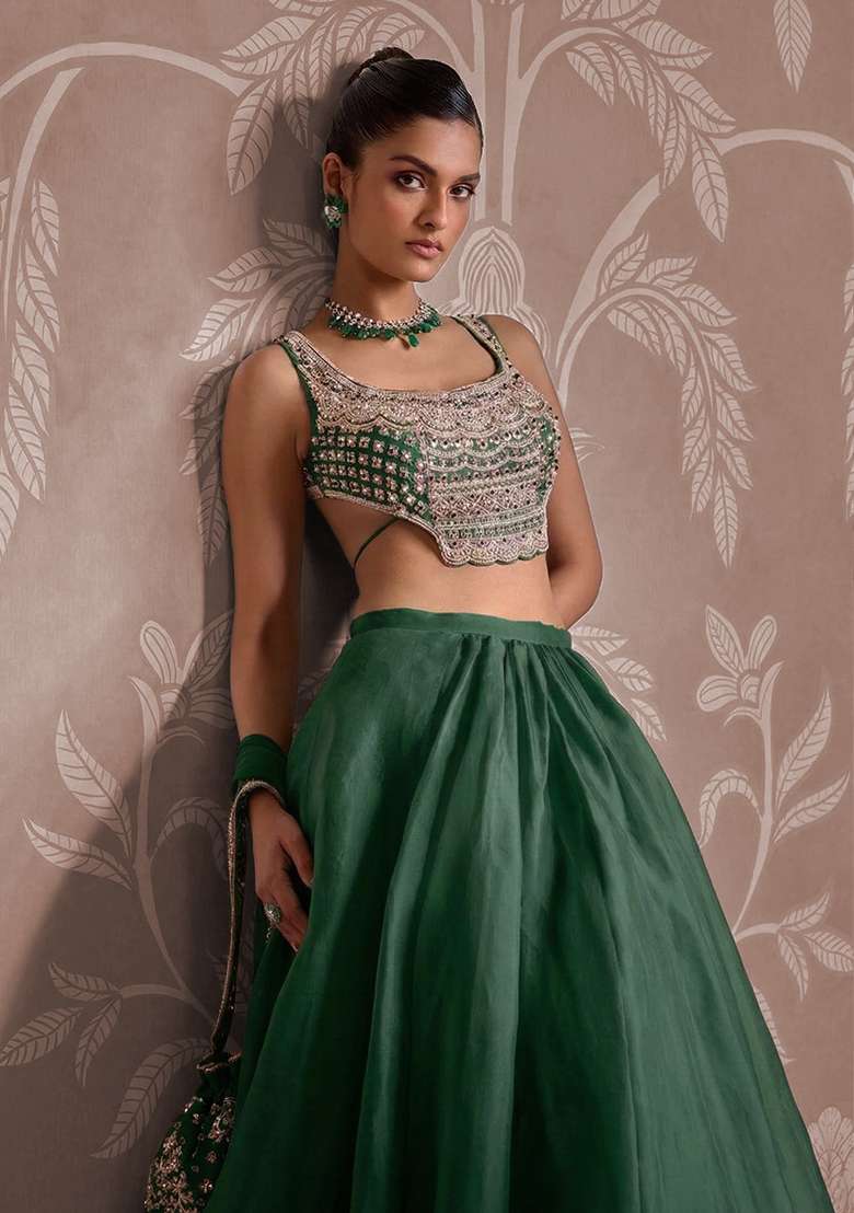 Emerald Green Handwork Organza Lehenga Set for Diwali and Festive Wear - Indya