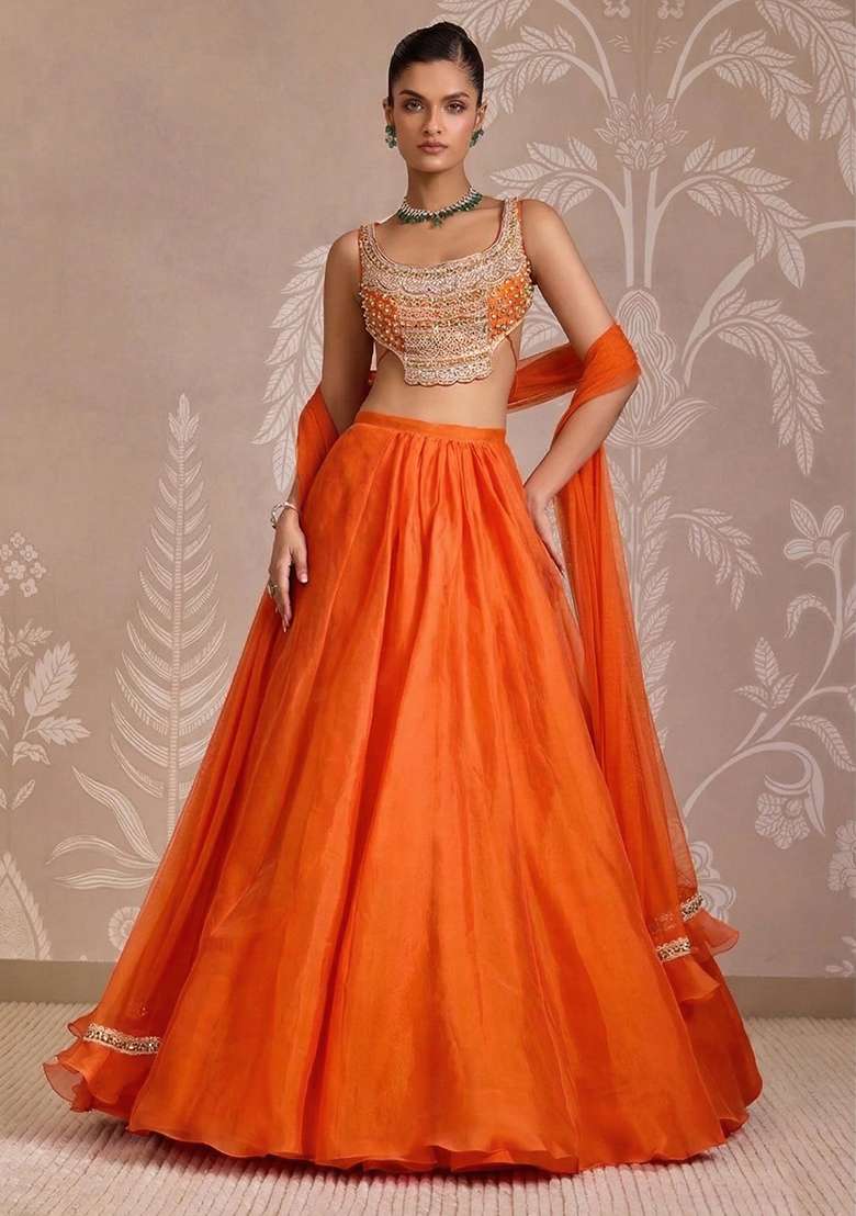 Orange Organza Lehenga Set with Handwork for Diwali | Wedding & Festive Wear - Indya