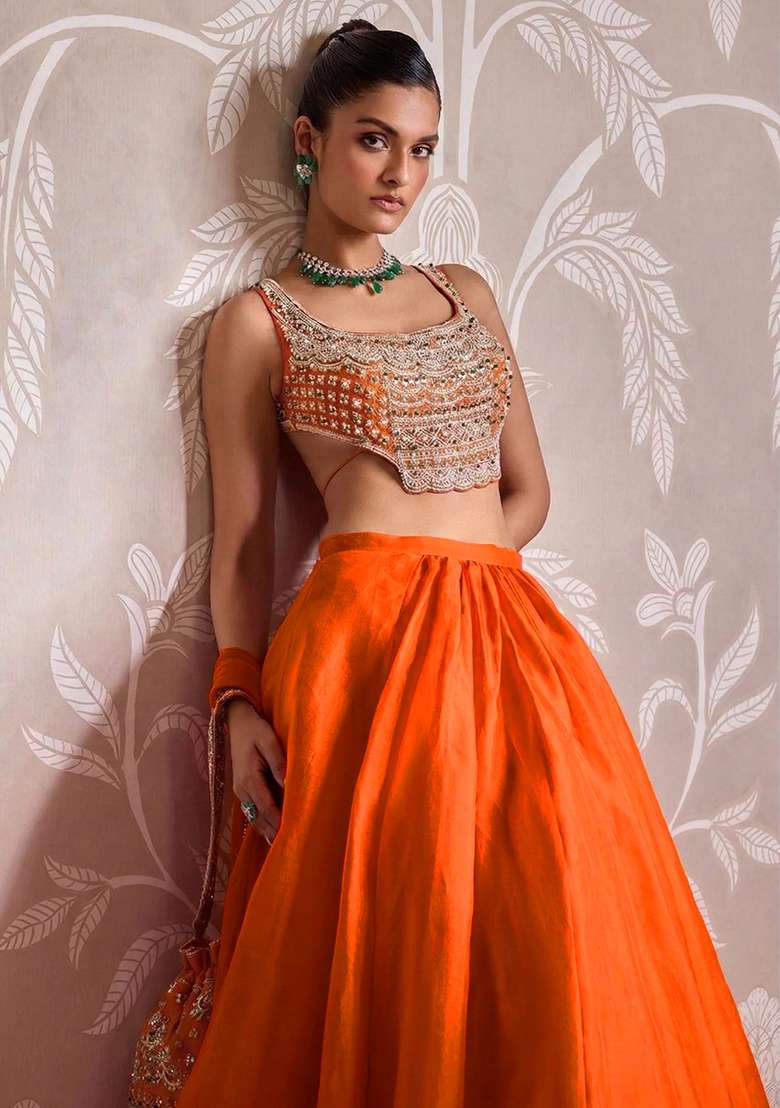Orange Organza Lehenga Set with Handwork for Diwali | Wedding & Festive Wear - Indya