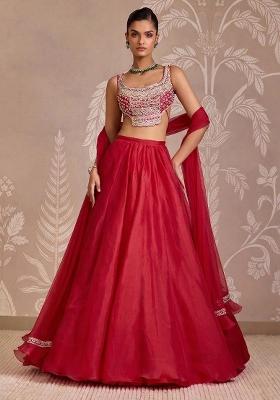 Red Handwork Organza Lehenga Set