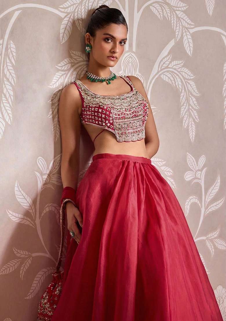 Red Handwork Organza Lehenga Set for Diwali and Festive Wear - Indya